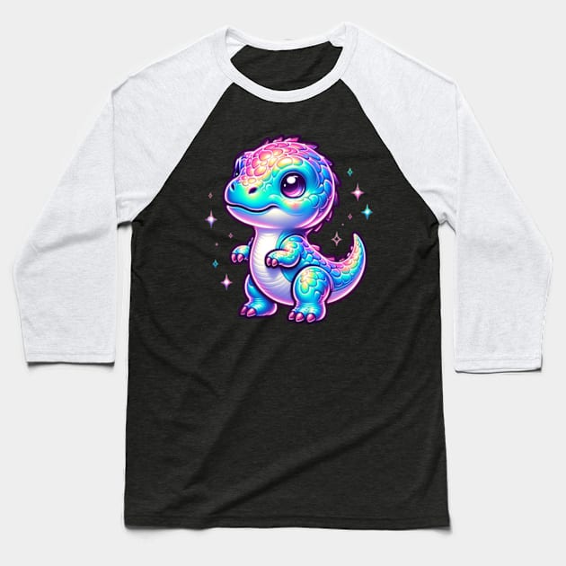 Chibi Baby Dino Neon Holographic Colorful Kawaii Baseball T-Shirt by Lavender Celeste